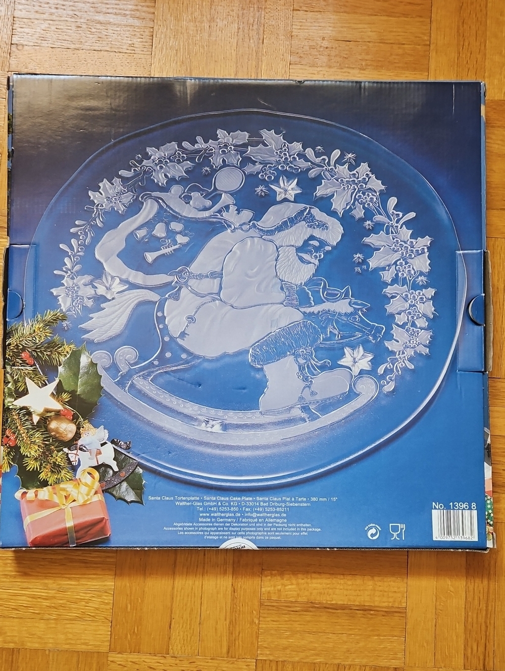 Original Waltherglas Glass Platter with Santa Claus On Rocking Horse